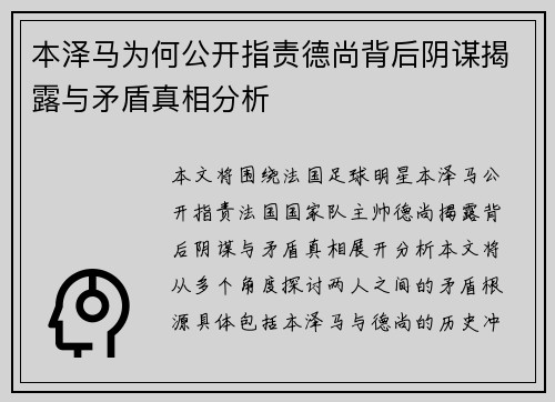 本泽马为何公开指责德尚背后阴谋揭露与矛盾真相分析