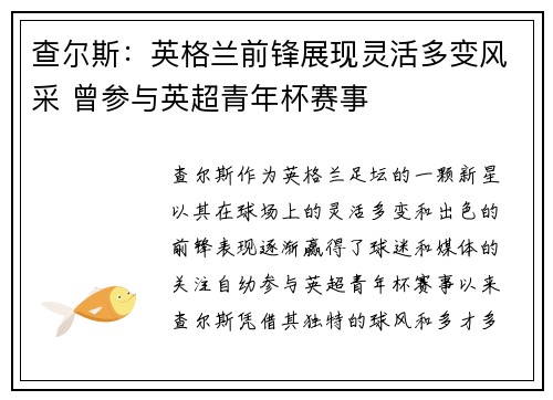 查尔斯：英格兰前锋展现灵活多变风采 曾参与英超青年杯赛事