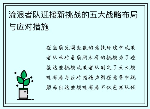 流浪者队迎接新挑战的五大战略布局与应对措施